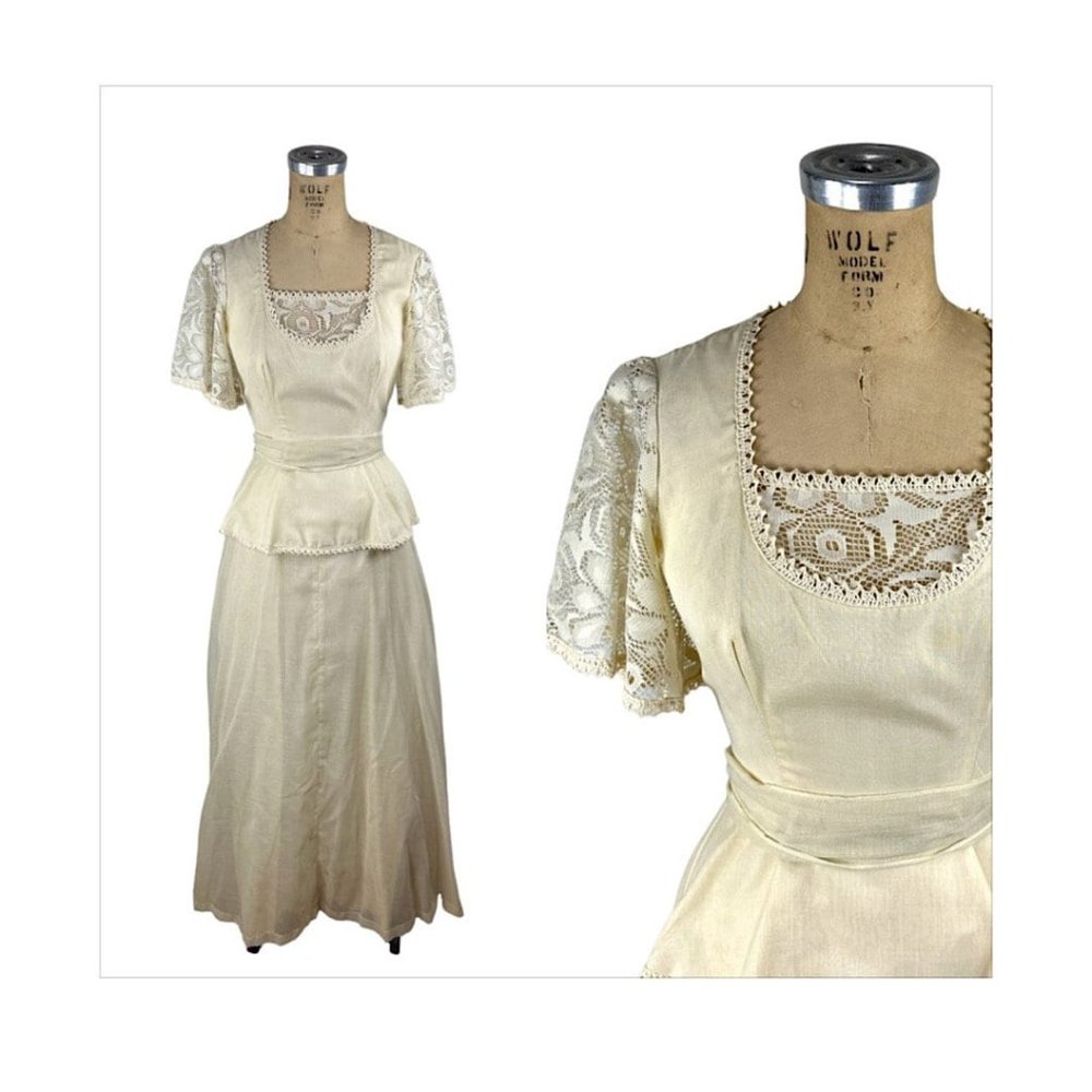 1970s ivory maxi prairie dress with lace flutter sleeves and peplum Size S